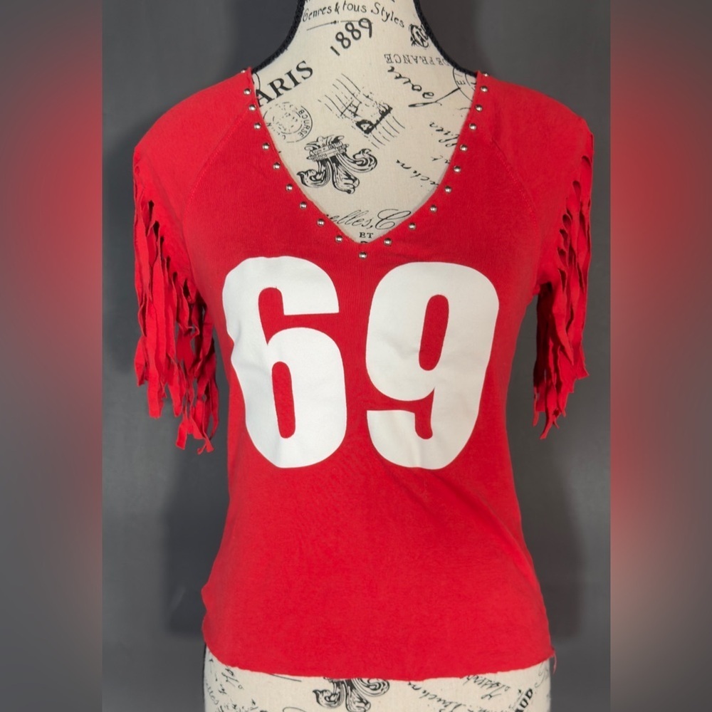 Red Sexy Fringe V-Neck 69 Graphic Tee with Stud Detail. Medium